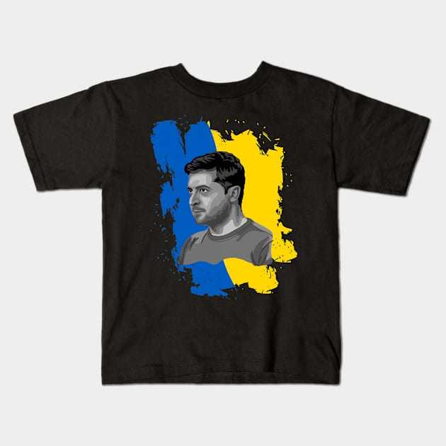 Volodymyr Zelensky Portrait Kids T-Shirt by Slightly Unhinged